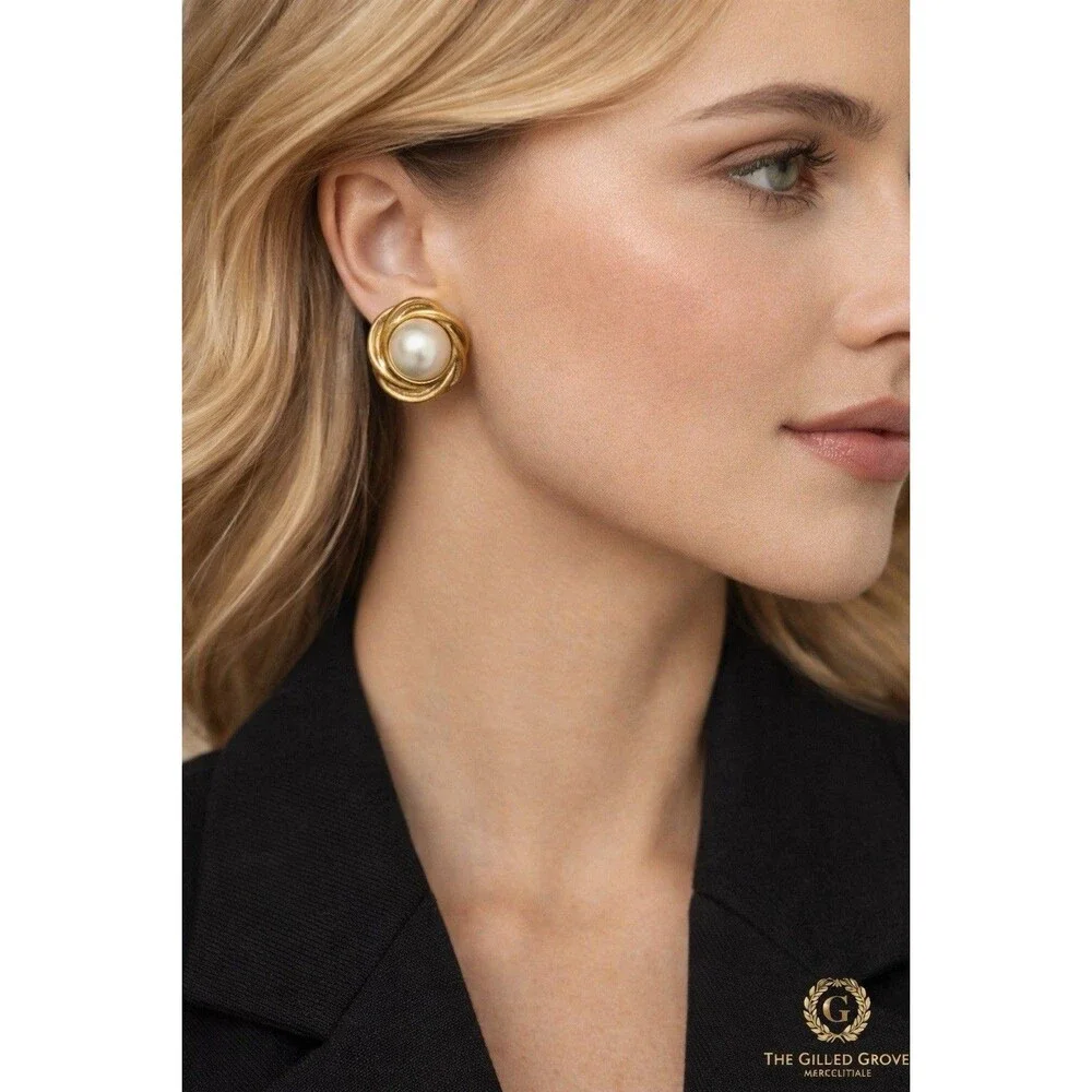 KJL Kenneth Jay Lane Gold Pearl Swirl Knot Earrings Statement Vintage - Picture 1 of 6